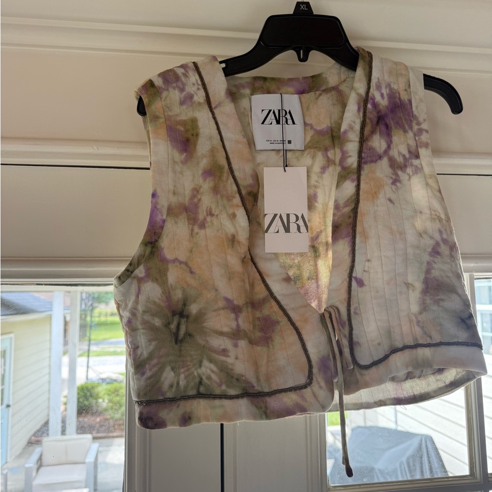 ZARA Tie-Dye Cropped Vest in Purple & Olive with Cream Base